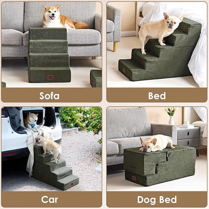 EHEYCIGA Dog Stairs for Bed 25" H, 5-Step Extra Wide Dog Steps for High Bed, Pet Steps for Small Dogs and Cats, Non-Slip Balanced Pet Ramp Indoor, Military Green