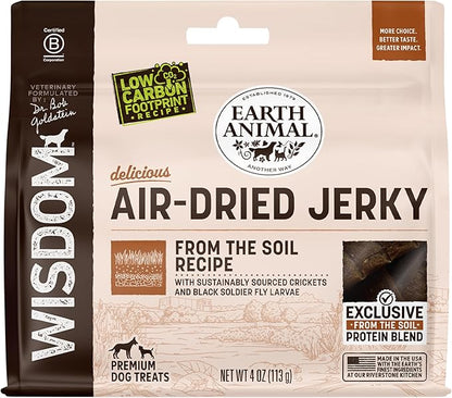 Earth Animal Wisdom Air Dried Jerky - From the Soil Recipe Premium Natural Insect Based Jerky Strips Dog Treats - 4 oz Bag