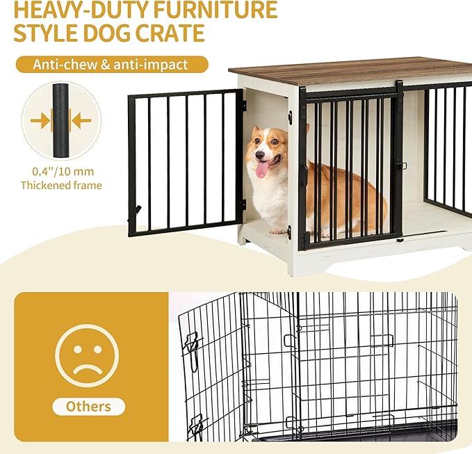 Hzuaneri 31.9" Dog Crate Furniture with Barn Door, Heavy Duty Dog Kennel Indoor with 2 Doors, Wooden Pet Cage End Table for Small Medium Dogs up to 44 lb, Anti-Chew Anti-Escape, White Brown DFC83614B