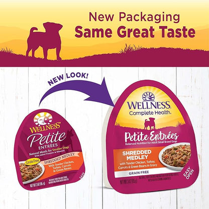 Wellness Petite Entrees Shredded Medley Small Breed Adult Wet Dog Food, Grain Free, Natural, Tender Chicken, Turkey, Carrots, and Green Beans, 3 oz, Pack of 12 Cups