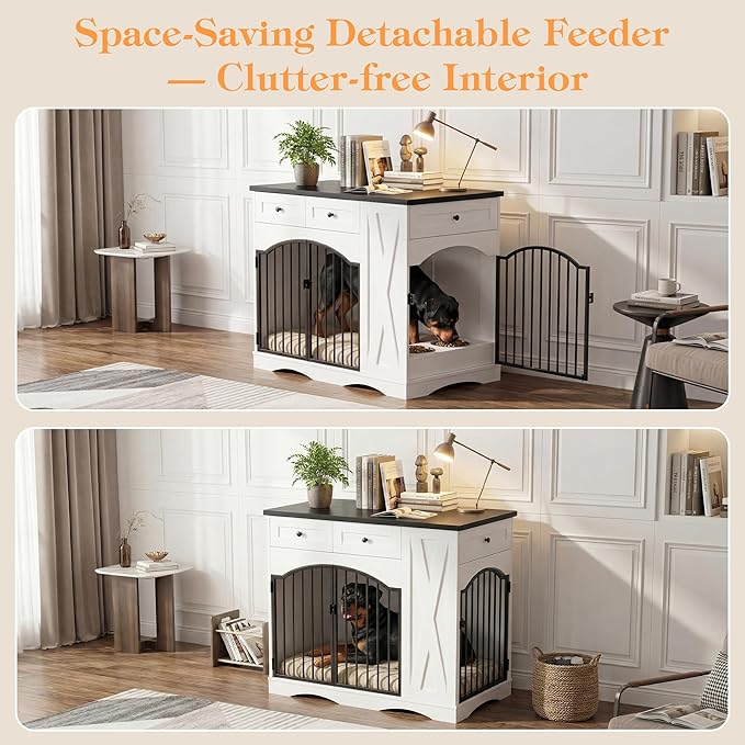 43.3" Furniture Style Dog Crate with 3 Storage Drawers, Heavy Duty Wood Pet Kennel with Removable Feeder, Modern End Table Dog House with Dual Doors for Large Dogs (41-70 lbs) (Black)