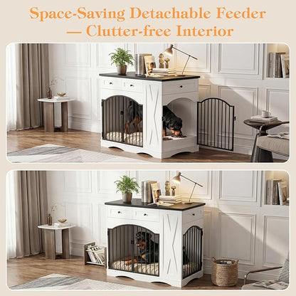 43.3" Furniture Style Dog Crate with 3 Storage Drawers, Heavy Duty Wood Pet Kennel with Removable Feeder, Modern End Table Dog House with Dual Doors for Large Dogs (41-70 lbs) (Black)
