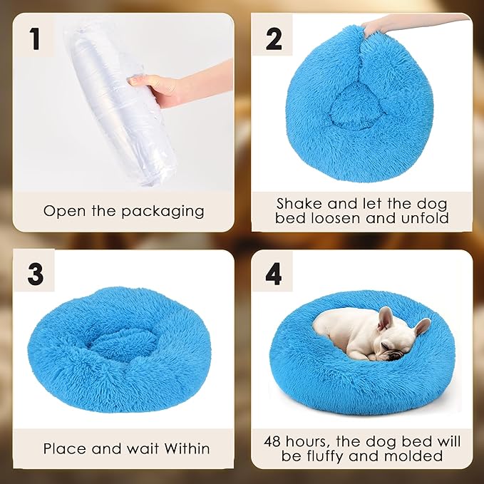 Hoewina Dog & Cat Bed, 20in Cat Beds for Indoor Cats, Calming Donut Bed for Puppy and Kitten, Washable Round Fluffy Pet Bed for Small Medium Dogs and Cats (Light Blue)