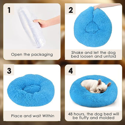 Hoewina Dog & Cat Bed, 20in Cat Beds for Indoor Cats, Calming Donut Bed for Puppy and Kitten, Washable Round Fluffy Pet Bed for Small Medium Dogs and Cats (Light Blue)