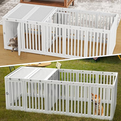 Dog Playpen with Door & Cover Top,18*Fence Panel Puppy Playpen, 2 Room Dog Crate, Pet Playpen for Small & Medium Dogs, Puppy Play Pen for Indoors & Outdoor