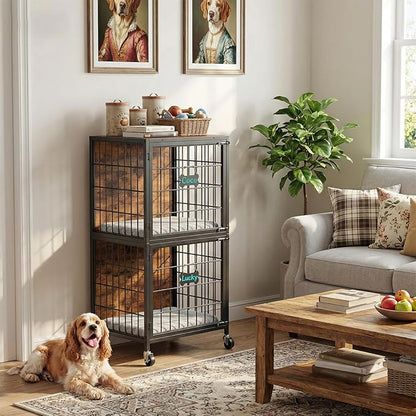 MAHANCRIS Dog Crate Furniture for 2 Dogs, 48.8" Tall Double Dog Kennel Furniture for Small Medium Dogs, 2-Tier Dog Cage End Table with Name Tags & Wheels, Decorative Dog House, Rustic Brown DCHR5401