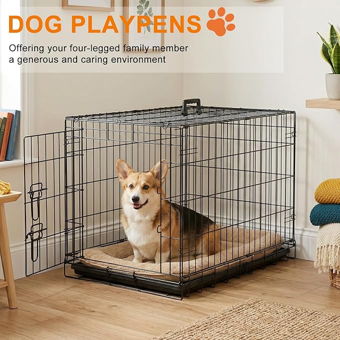 FDW 30inch Dog Crate Pet Cage with Metal Folding Design Plastic Tray Indoor Outdoor Dog Kennel Cage for Small and Medium Dogs,Black