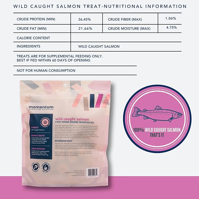 Momentum Carnivore Nutrition Freeze-Dried Wild-Caught Salmon Dog Treats & Cat Treats – Single-Ingredient, High-Protein, Grain-Free, Natural Source of Omega-3s – Made in USA – 3 oz Bag