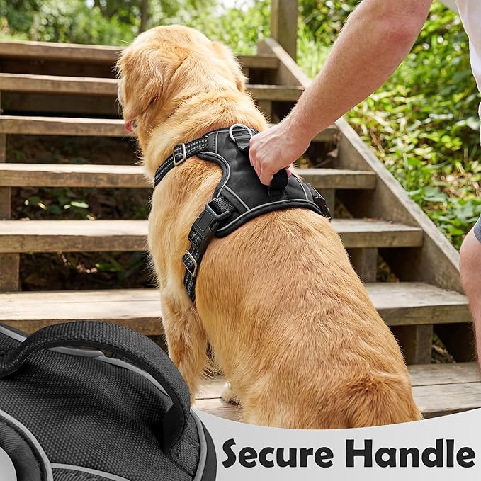 Funfox Dog Harness for X-Large Dog No Pull, Adjustable Pet Vest Harness, Vertical Handle Easy Control with 2 Leash Clips, Soft Material, Reflective Safe Night Walking for X-Large Size, Black, XL