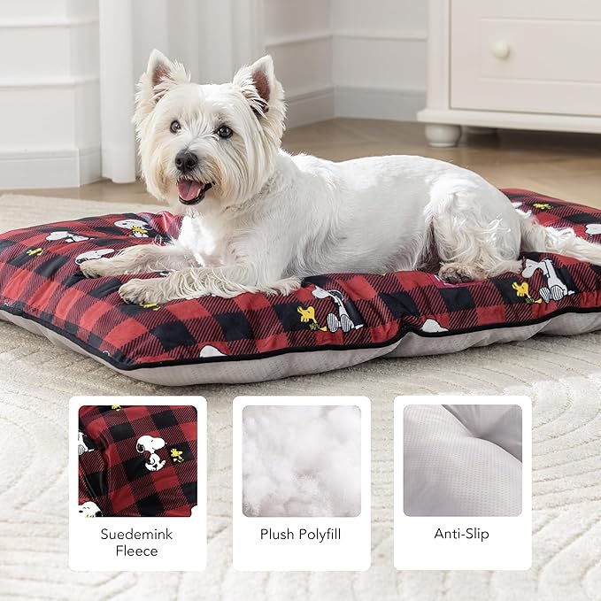 Berkshire Peanuts® Square Dog Bed, Suedemink Fleece Pet Mat with Waterproof & Non-Slip Bottom, Soft Plush Dog Mat for Crate, Couch, or Floor, Machine Washable(Snoopy Everyday Buffalo Plaid, Medium)