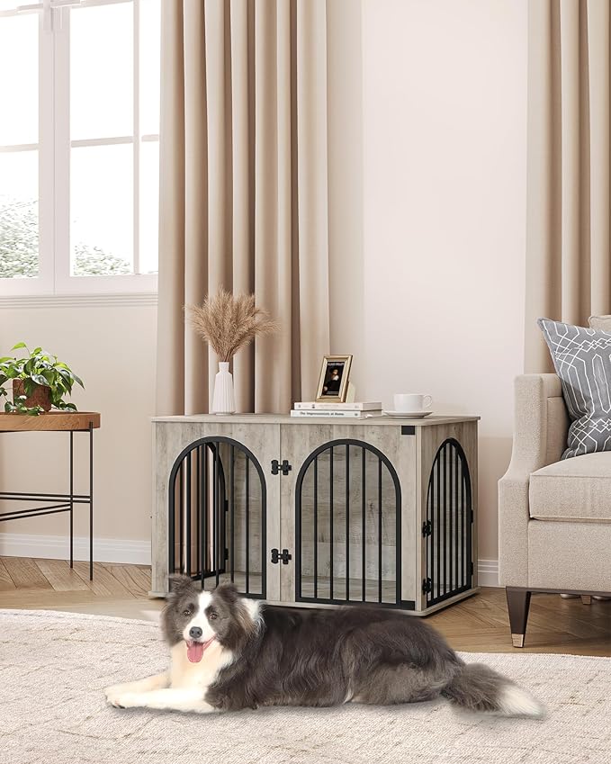 Hzuaneri 39.4" Wooden Dog Crate Furniture, Indoor Dog Kennel Dogs Cage for Small/Medium/Large Dogs, Heavy Duty Dog Crates Decorative Pet House End Side Table TV Stand, Greige Black DFC84105B