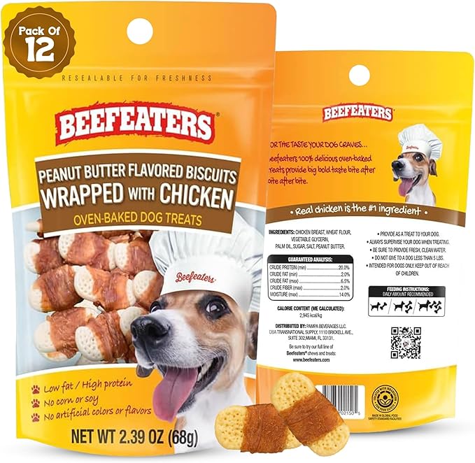 Beefeaters Peanut Butter Dog Biscuits with Real Chicken 2.39oz (12-Pack) - Oven-Baked, High-Protein, Low-Fat Treats for Small, Medium & Large Dogs – Ideal for Training, Dental Benefits