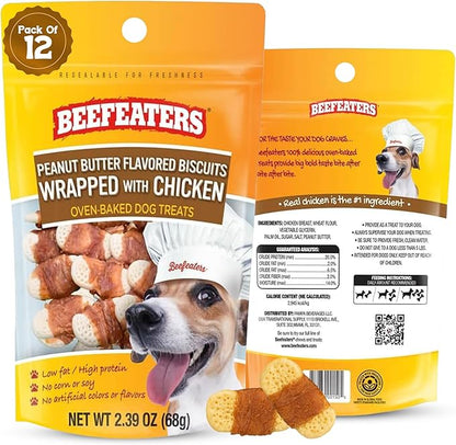 Beefeaters Peanut Butter Dog Biscuits with Real Chicken 2.39oz (12-Pack) - Oven-Baked, High-Protein, Low-Fat Treats for Small, Medium & Large Dogs – Ideal for Training, Dental Benefits