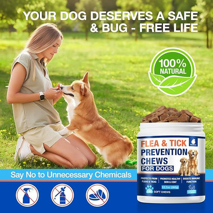 180 Cts, Flea and Tick Prevention for Dogs Chewables, Oral Flea Pills for Dogs Puppy, Natural Dog Flea and Tick Treatment, Skin & Coat Support Supplement, Soft Chews