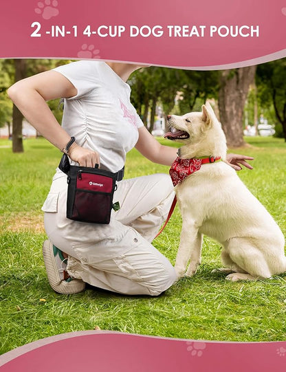 Gobeigo Dog Treat Pouch, Magnetic Closure & Sealable Silicone Bag Insert, 4-Cup Capacity – Belt Clip/Waist Belt/Crossbody Wear, Clicker Included – Great for Pet Training & Walking (Red)