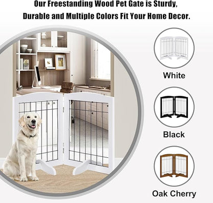 LZRS 2-Panel Freestanding Adjustable Wooden Dog Gate—30” Tall Foldable Pet Barrier with Support Feet, Solid Hardwood & Chew-Resistant Steel Wire for Doorways, Hallways, and Stairs, White