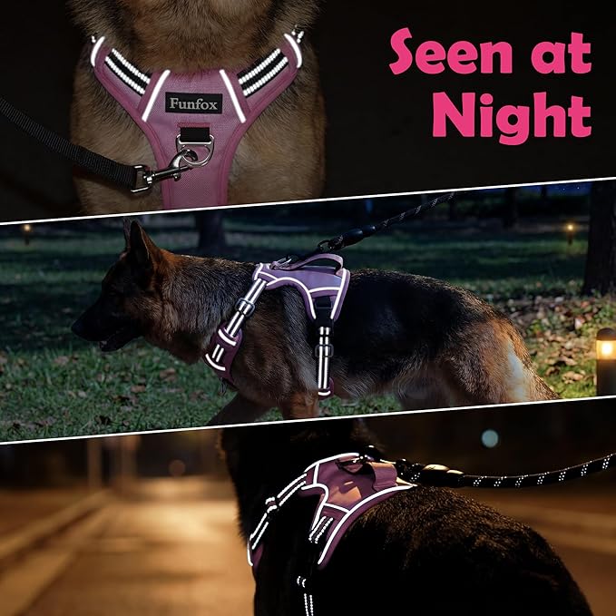 Funfox Dog Harness No Pull, Adjustable Pet Vest Harness, Super Soft Material with Vertical Handle Easy Control, Reflective Night Walking, 2 Leash Clips for Small Sized Dogs, Pink, S