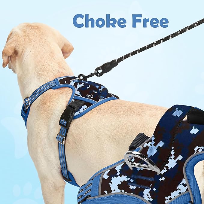 Funfox Dog Harness No Pull, Adjustable Pet Vest Harness, Super Soft Material with Vertical Handle Easy Control, Reflective Night Walking, 2 Leash Clips for Medium Sized Dogs, Mosaic Blue, M