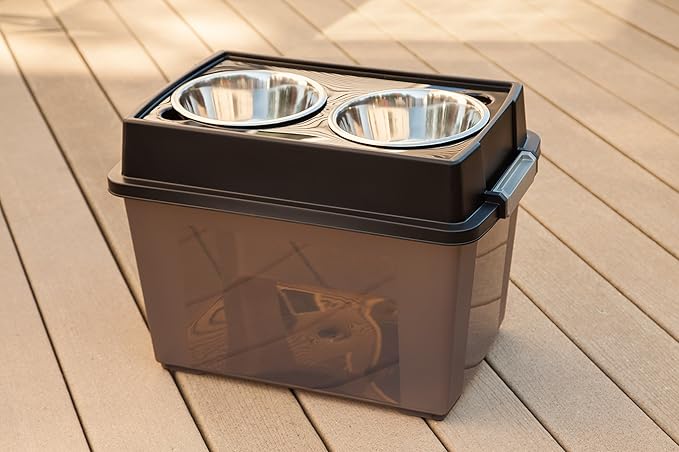IRIS USA Elevated Dog Bowls, 15" H Raised Bowl for Large Dogs, Airtight Pet Food Storage Holds Up to 47 Lbs, 2 Removable 64 oz Stainless Steel Bowls, At Home or Camping, Smoke/Black
