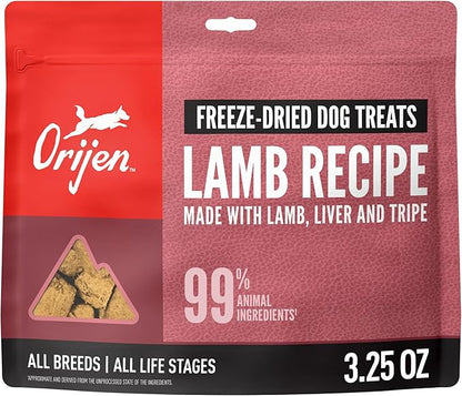 ORIJEN Grain Free High Protein Freeze Dried Dog Treats Grass Fed Lamb Recipe 3.25oz Bag