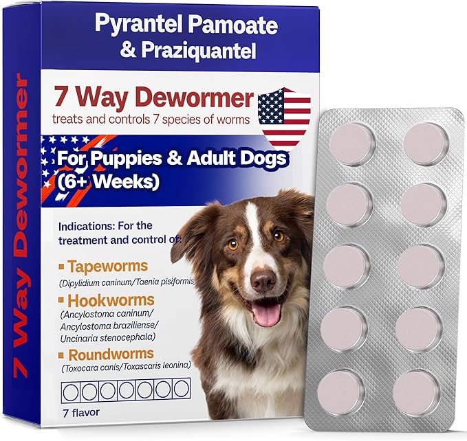 7 Way Dog Dewormer for Dogs, Pyrantel Pamoate & Praziquantel for All Wormers, Tapeworms, Hookworms, Roundworms & More