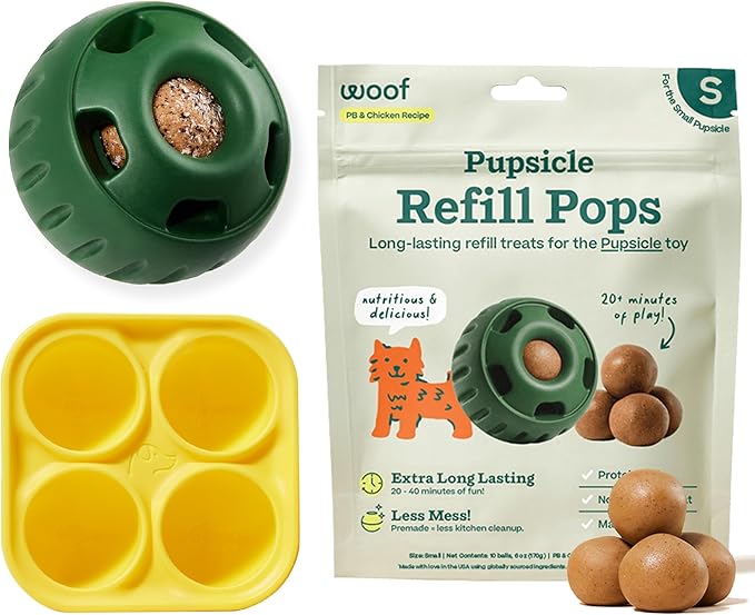 WOOF Starter Pack - Interactive Dog Ball Toy for Boredom - Dog Treat Molds Silicone - Chicken-Flavored Healthy Treats for Dogs - Pupsicle Doggy Enrichment Toy - for Small Pups - 10-25 lbs