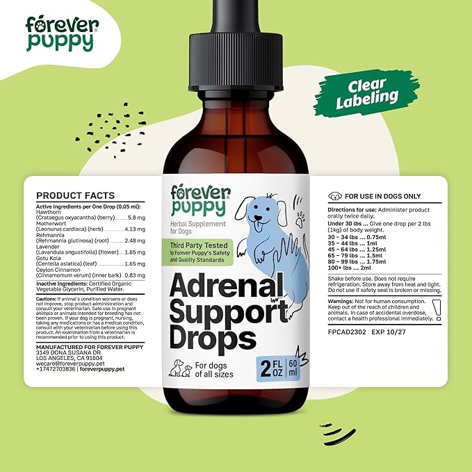 Forever Puppy Adrenal Support Drops for Dogs - Pure Ashwagandha & Ginseng Root Tincture for Adrenal Health & Energy Support - Calming Care Liquid Supplement for Dogs of All Breeds & Sizes - 2 oz