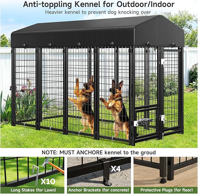 Dog Kennel Outdoor, Large Outside Dog Kennel with Roof & Swivel Feeders/Removable Doggy Door Allow Connecting Your Dog House, Heavy Duty Dog Run Pen for Medium/Large Dogs (8'L x 4'W x 6'H)