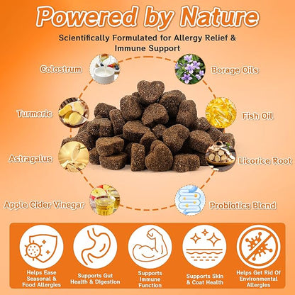 Dog Allergy Chews 200PCS – Supports Skin & Coat Health – Helps Reduce Mild Itching & Scratching – Immune & Allergy Support – with Probiotics & Borage Oil
