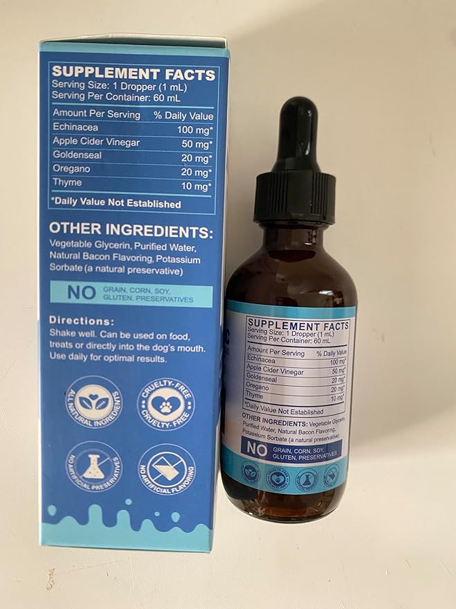 Natural Antibiotics for Dogs - 60ML Dog Antibiotic Drops - Itchy Skin Relief - Allergy Relief - Immune Support - with Organic Natural Ingredients - Bacon Flavor