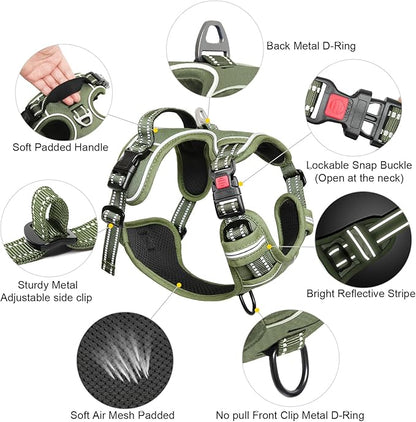 Timos Dog Harness Medium Sized, No Pull Pet Harness with Neck Lockable Snap,No Choke Front Clip Dog Reflective Vest,Adjustable Metal Rings 3 Buckles,Easy Control Handle for Medium Dogs Green M