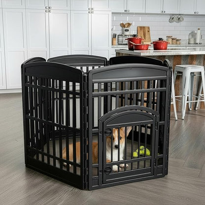 IRIS USA Dog Playpen with Door, 34” 6 Panel Pet Exercise Pen – Indoor Outdoor Puppy Play Pen, Portable Plastic Pet Fence for Small Medium Dogs, Foldable 44” x 63” x 34”, Black