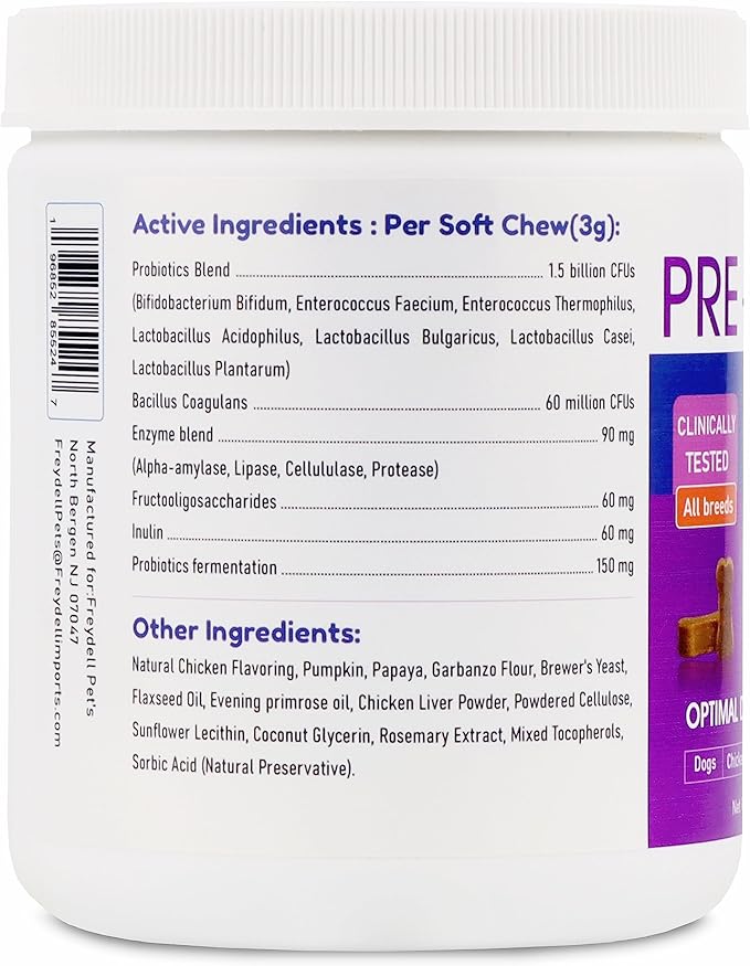 Freydell Pets Probiotics for Dogs– Digestive Enzymes, Prebiotics & Fiber Soft Chews – Gut Health, Diarrhea Relief, Yeast Balance, Immune Support, Pumpkin & Papaya – Dog Probiotic Supplement 120 Chews