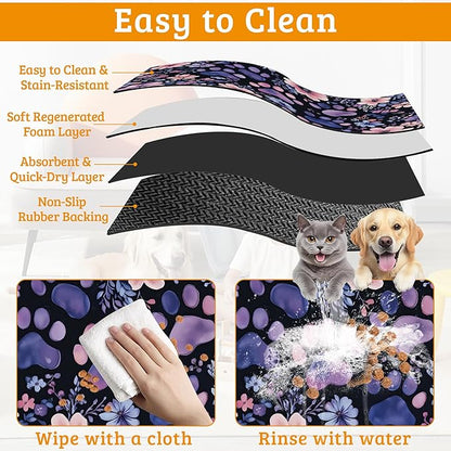 Paw Print Dog Food Mat,Watercolor Flower Absorbent Pet Feeding Mat for Food and Water Bowl,Quick Dry Dog Placemat Non Slip Rubber Backing Waterproof Pet Supplies 12" x 20"