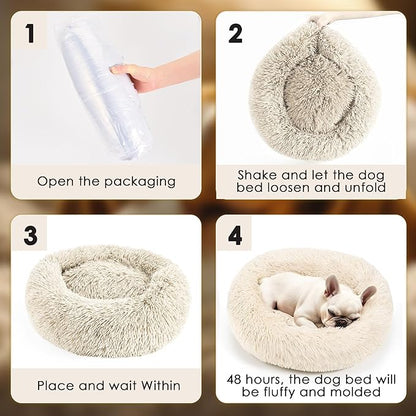 28in Large Dog Bed, Medium Size Dog and Cats, Calming Donut Bed for Puppy and Kitten, Washable Round Fluffy Pet Bed (Light Brown)