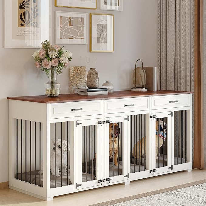 Dog Crate Furniture - Indoor Wooden Dog Kennel Crate Furniture with 2 Dividers, 3 Drawers, and 3 Lockable Doors, 72"x23.6"x31.5"H, White