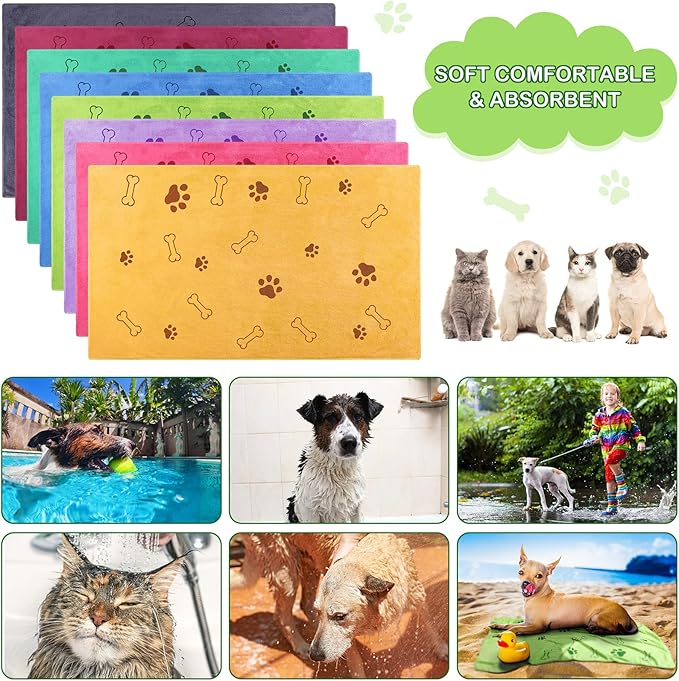 Chumia 8 Pcs Dog Towels for Drying Dogs Cats Pet Towels Bulk Puppy Microfiber Fast Drying Paw Bath Bathing Supplies Absorbent for Medium Pets(40 x 24 Inch,Dog Paw and Bone,Colorful)