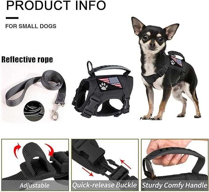 Tactical Dog Harness with Leash Tactical Puppy Vest with Rubber Handle K9 Military Adjustable Pet Harness for Outdoor Training XS Dog Harness (Black Harness with Leash)