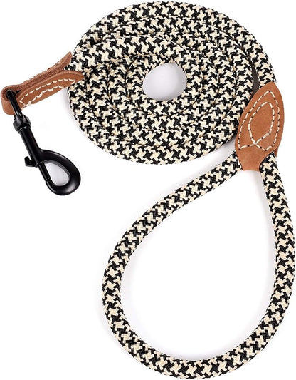 Mile High Life Rope Leash with Genuine Leather Connection, 6 FT/5 FT/4 FT, Heavy Duty Leash for Medium & Large Dogs (Black Khaki, 60 Inch)
