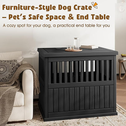 Bifanuo 40-Inch Dog Crate Furniture, Heavy Duty Dog Crate for Large and Medium Dog, Lockable Indoor Outdoor Dog Kennel & End Table, Decorative Plastic Pet Cage (Black)