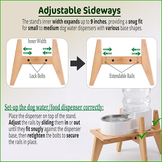 Dog Water Bowl Dispenser Stand for Medium Breeds - Elevated Raised Automatic Dog Food Feeder Holder - Adjustable Fit - Durable Bamboo