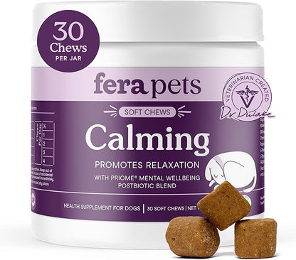 Fera Pets Dog Calming Chews - Helps Manage Everyday Stress & Separation - Promotes Relaxation - Ashwagandha & Priome® Mental Wellbeing Postbiotic Blend - 30 Soft Chews