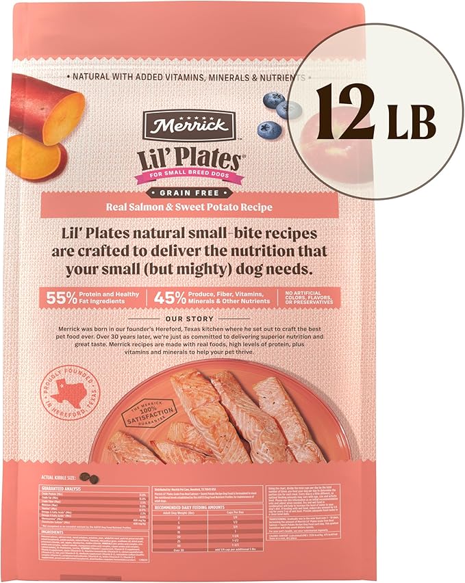 Merrick Lil’ Plates Premium Grain Free Dry Dog Food for Small Dogs, Real Salmon and Sweet Potato Kibble - 12.0 lb. Bag