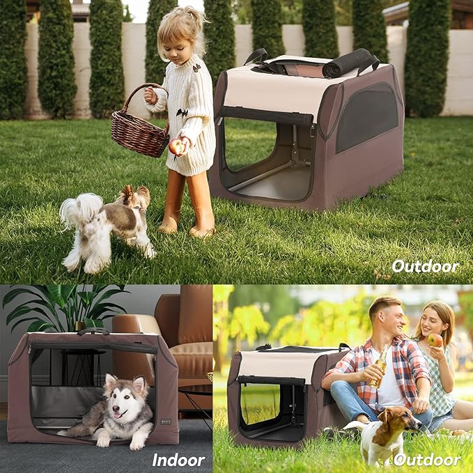 PETSFIT Soft Dog Crate, Travel Dog Crate - 24 Inch Sturdy Adjustable Structure, Easy to Set Up, Portable Dog Car Crate, Light Tough with 3 Mesh Doors Brown