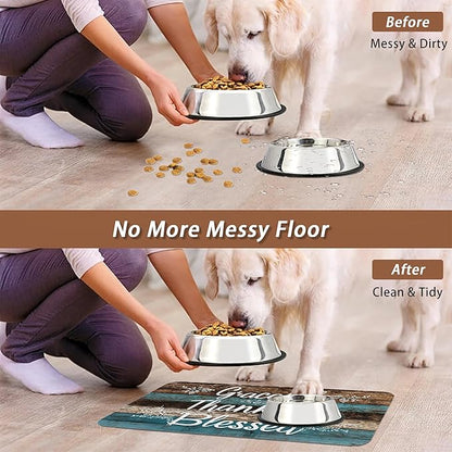 Thankful Grateful Blessed Dog Cat Food Mat,Vintage Wooden Absorbent Pet Feeding Mat for Food and Water, Non-Slip Dog Bowl Mats Floor Protector 16"x24"