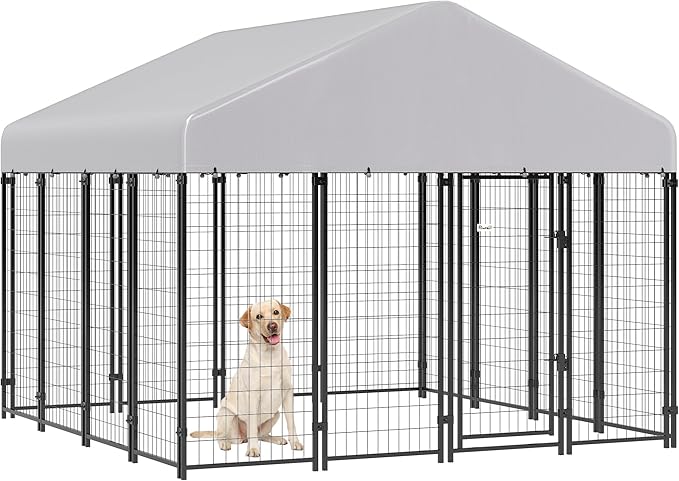 PawHut Outdoor Dog Kennel with Roof, 8' x 8' x 6' Heavy Duty Welded Wire Dog Playpen Enclosure with Escape-Proof Lock, UV-Resistant & Waterproof Cover, for Large Dogs, Chickens, Ducks, Silver