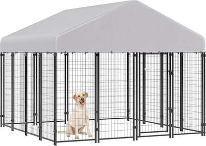 PawHut Outdoor Dog Kennel with Roof, 8' x 8' x 6' Heavy Duty Welded Wire Dog Playpen Enclosure with Escape-Proof Lock, UV-Resistant & Waterproof Cover, for Large Dogs, Chickens, Ducks, Silver
