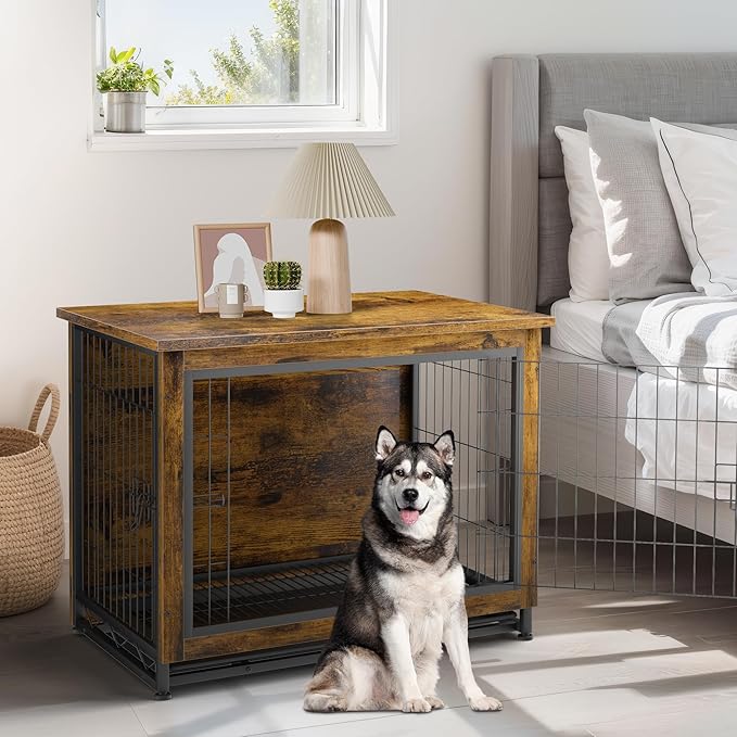 JY QAQA Dog Crate Furniture, Wooden Dogs Crate Table, Double-Doors Dog Furniture, Indoor Dog Kennel, Dog House, Dog Cage/Brown/L