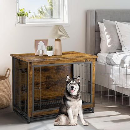 JY QAQA Dog Crate Furniture, Wooden Dogs Crate Table, Double-Doors Dog Furniture, Indoor Dog Kennel, Dog House, Dog Cage/Brown/L