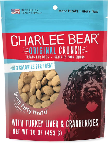 Charlee Bear Original Crunch Dog Treats, Turkey Liver and Cranberries, 16 Ounce Resealable Bag, Low Calorie Training Treats for Dogs, Limited Ingredient, Healthy, Crunchy Dog Snacks, Made in USA